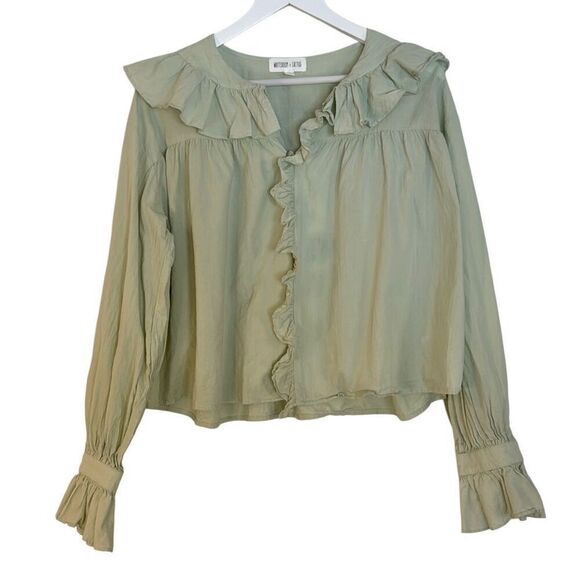 Whiteroom + Cactus green cotton ruffled collared cropped blouse m - Picture 1 of 11